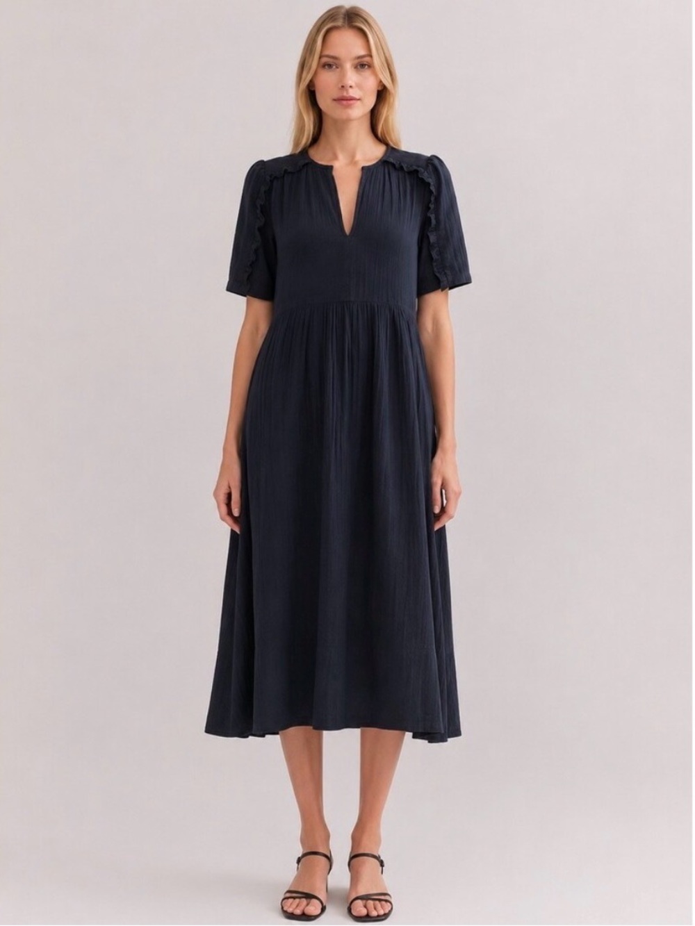 ME+EM Cheesecloth Relaxed Ruffle Midi Dress Navy Blue size 6 Cotton gauze
